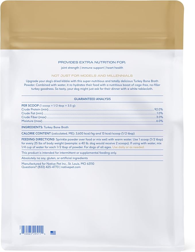 Native Pet Bone Broth for Dogs and Cats - Turkey Bone Broth Powder Dog Food Toppers for Picky Eaters - Provides Extra Nutrition for Joint Strength, Immune Support & Heart Health - 192 Scoops