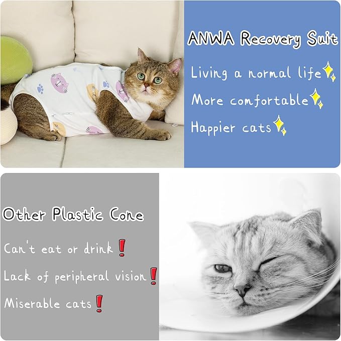 ANWA 2 Pack Cat Recovery Suit - Breathable Cat Onesie for Cats After Surgery Female, Kitten Surgery Recovery Suit Female Abdominal Wounds