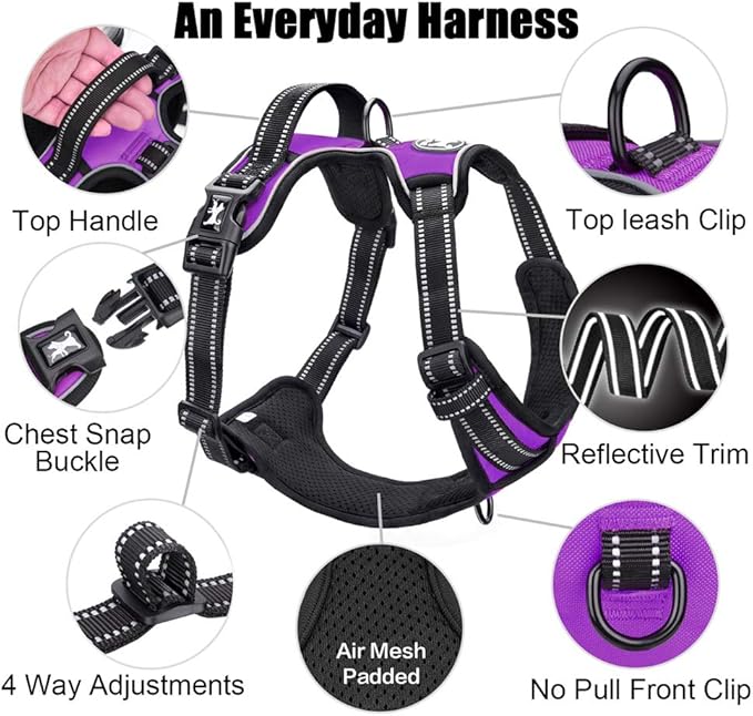 PoyPet No Pull Dog Harness, Reflective Comfortable Vest Harness with Front & Back 2 Leash Attachments and Easy Control Handle Adjustable Soft Padded Pet Vest for Small to Large Dogs (Purple,S)