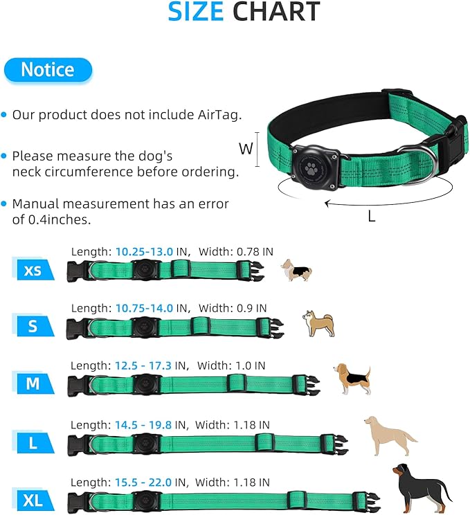 Upgraded AirTag Dog Collar, IP68 Waterproof Air Tag Dog Collar Holder, Reflective, Ultra-Durable, Comfortable Padded, Heavy Duty Dog Collars for Small Medium Large Dogs (XL (15.6"-22"), Teal)