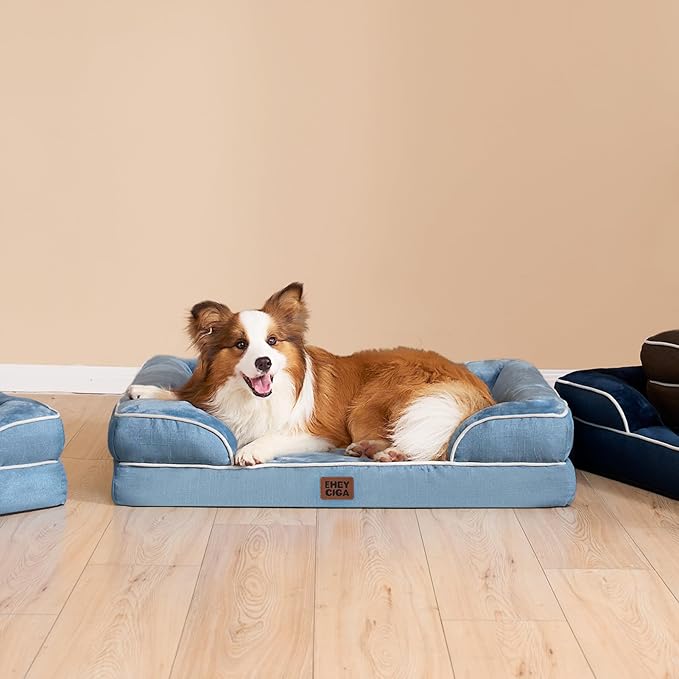 EHEYCIGA Orthopedic Dog Beds for Extra Large Dogs, Waterproof Memory Foam XL Dog Bed with Sides, Non-Slip Bottom and Egg-Crate Foam Big Pet Bed with Washable Removable Cover, Washed Blue