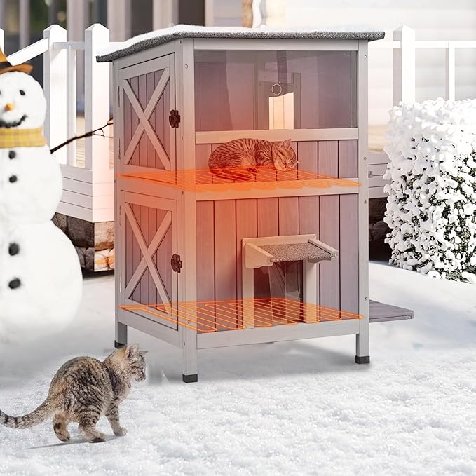 GUTINNEEN Outdoor Heated Cat House for Winter, Weatherproof Wooden Feral Cat Shelter with Escape Door, Heating Pad & Removable Mat(AIR14-Heated)