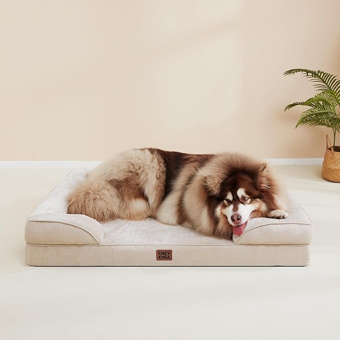 EHEYCIGA Orthopedic Dog Bed for Medium Dogs, Waterproof Memory Foam Medium Dog Beds with Sides, Non-Slip Bottom and Egg-Crate Foam Pet Couch Bed with Washable Removable Cover, Beige
