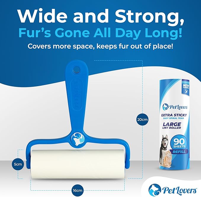 PetLovers 6.3" Large Lint Roller for Pet Hair Extra Sticky 360 Sheets, Ideal for Pet Hair Removal from Furniture & Clothes, Dog and Cat Lint Remover 4 Pack