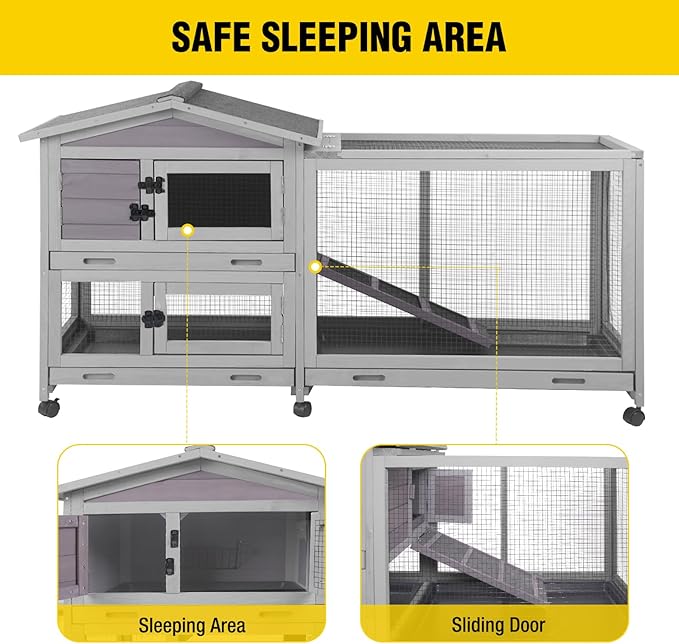Aivituvin Rabbit Hutch Outdoor Rabbit Cage Indoor with Casters Bunny Cage Chikcen Coop for Small Animals with Pull-Out Tray(Grey)