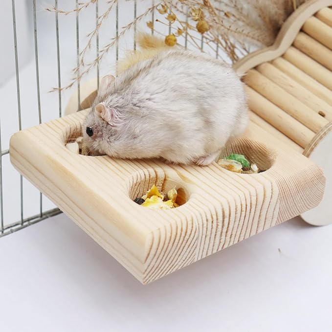 Hamster Cage Accessories, Wooden Feeding Dish with 4 Sections, Wooden Feeder for Small Animals, Food Bowl for Hamster, Guinea Pig, Chinchilla, Rat