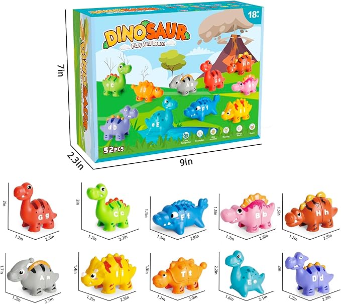 52 PCS Dinosaur Alphabet Learning Toys for Toddlers Kids 3-5, 10 Different Dinosaur Figures, Double Sided ABC Matching Game, Preschool Activities Montessori Fine Motor Toys for Toddlers Kids