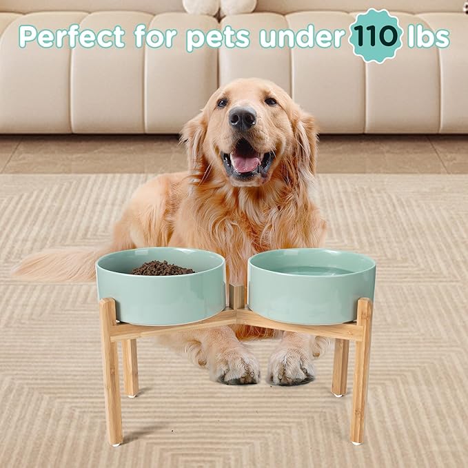 SPUNKYJUNKY Elevated Dog Bowls Ceramic, 8.3'' Dogs Food Water Bowls Raised with Non-Slip Bamboo Stand for Large Sized Breed Microwave Dishwasher Safe - 60 OZ,Light Green