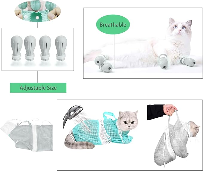 Anti-Scratch Silicone cat Shoes,Cat Claw Covers,Adjustable Multifunctional Anti-Bite Shower net Bag,Cat Grooming Mesh Bag,Cat Bathing Bag(Grey-2)