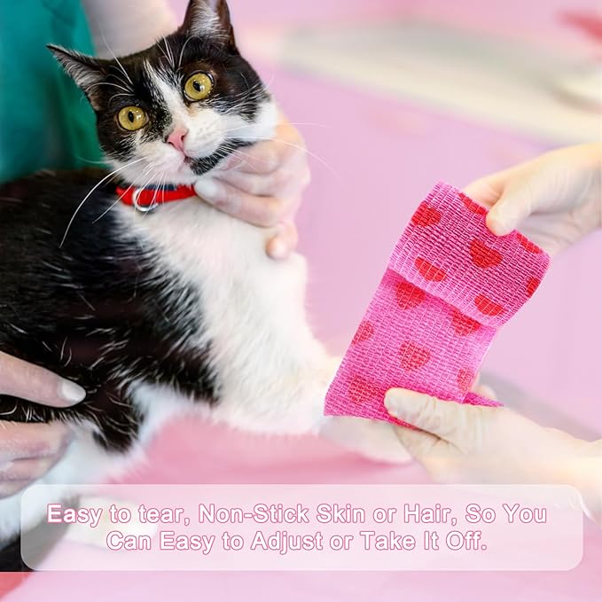 24 Pack Self Adhesive Vet Wrap & Medical Tape, 2 Inch x 5 Yards Cohesive Bandage Wrap - Pink Heart Grip Tape for Ankle, Wrist Sprains, Sports, Pet First Aid