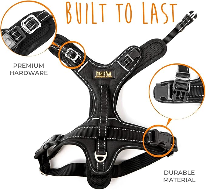 Mighty Paw Sport Harness 2.0 - Padded Canine Accessory - Adjustable Neck and Chest Straps - Enhanced Visibility with Reflective Stitching - Dog Padded Harness with Handle - Large - Black