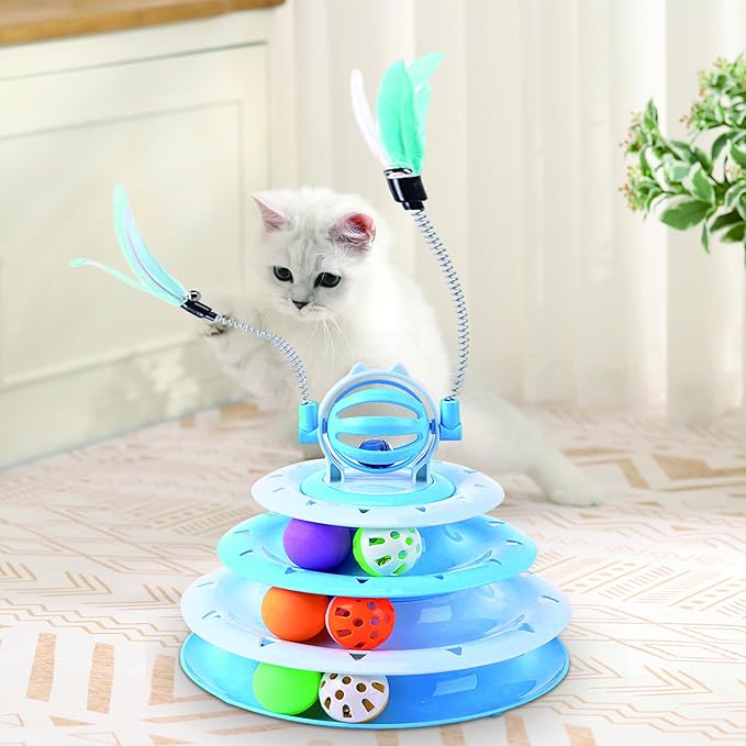 Vealind Cat Toy Roller 4-Level Turntable Cat Toys Balls with Colorful Pom Pom Balls Interactive Fun Mental Physical Exercise Puzzle Kitten Toys (Blue)