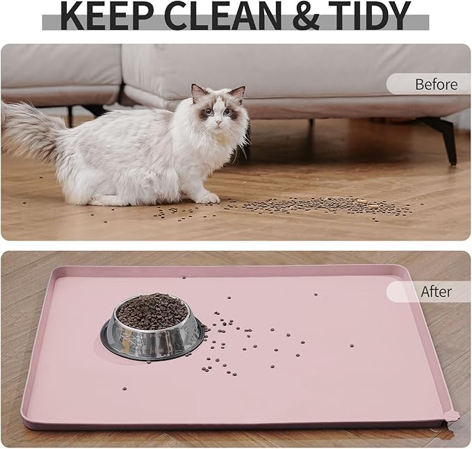 Waterproof Pet Feeding Mat with High Raised Edges, Heavier and Thicker Placemats for Cat Dog Water Bowl with BPA Free, Dogs Cats Food Mats for Messy Drinkers to Prevent Spill and Protect Floors