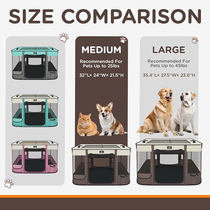 Foldable Pet Kitten Playpen, Upgrade Waterproof Portable Cat Dog Playpen Kennel Tent for Small Dog Cat, Removable Shade Cover, Come with Free Carrying Case, Indoor Outdoor Use for Small Pet, Brown