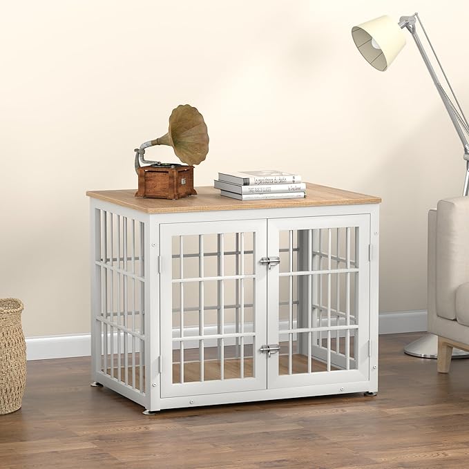 32 Inch Heavy Duty Dog Crate Furniture for Medium and Small Dogs, Decorative Pet House End Table, Wooden Cage Kennel Furniture Indoor, Natural and White
