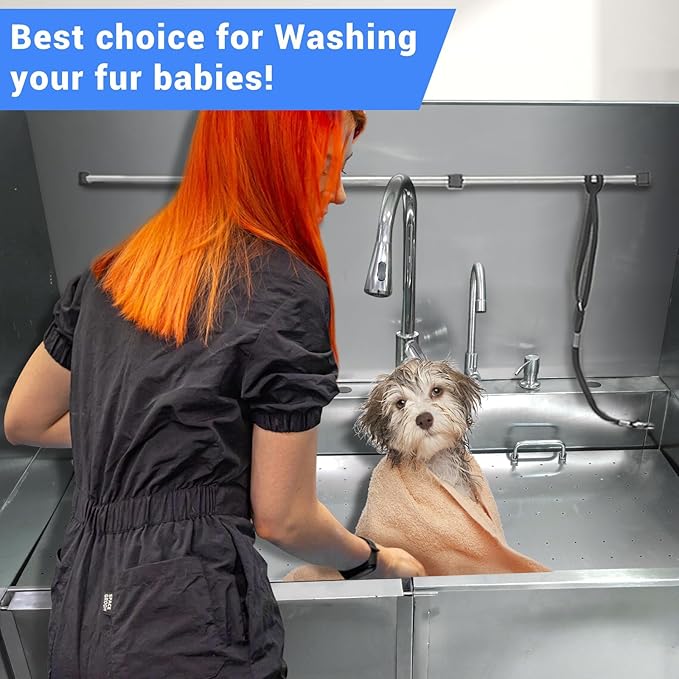 Professional Dog Grooming Tub, 50" Stainless Steel Dog Wash Station with Foldable Ramp, Storage Drawer, Floor Grate & Faucet/Dog Bathtub for Large, Medium & Small Pets - Left Door (50")