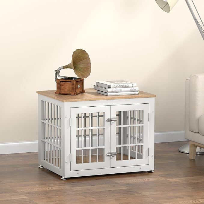26 Inch Heavy Duty Dog Crate Furniture for Small Dogs, Decorative Pet House End Table, Wooden Cage Kennel Furniture Indoor, White and Natural