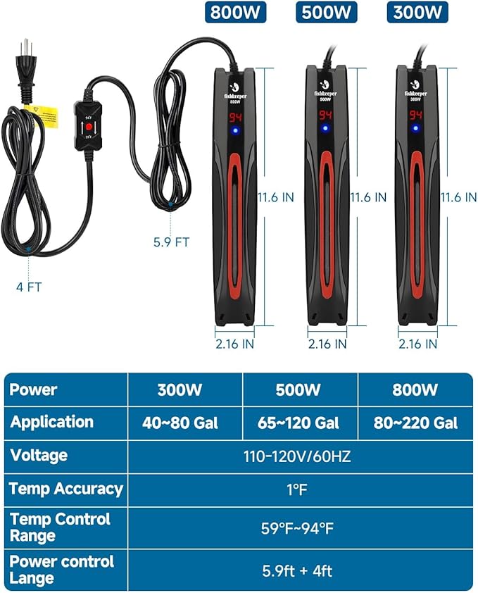 fishkeeper 800W Submersible Aquarium Heater for 80-220 Gal Fish Tanks (Run-Dry/Overheat/Low-Temp Protection)(Precision Electronic Smart Thermostat)(Adjustable Temperature) Ultra-Safe Fish Tank Heater