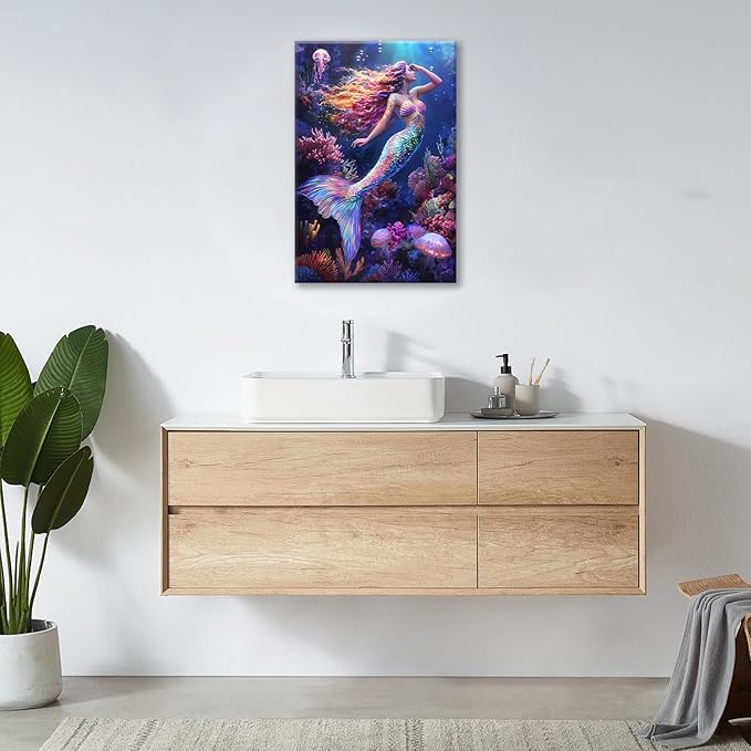 Sea Mermaid Bathroom Pictures Wall Art, Ocean Mermaid Bathroom Wall Decor, Aesthetics Framed Painting Canvas Artwork for Bedroom Living Room Decorations 24"L x 16"W