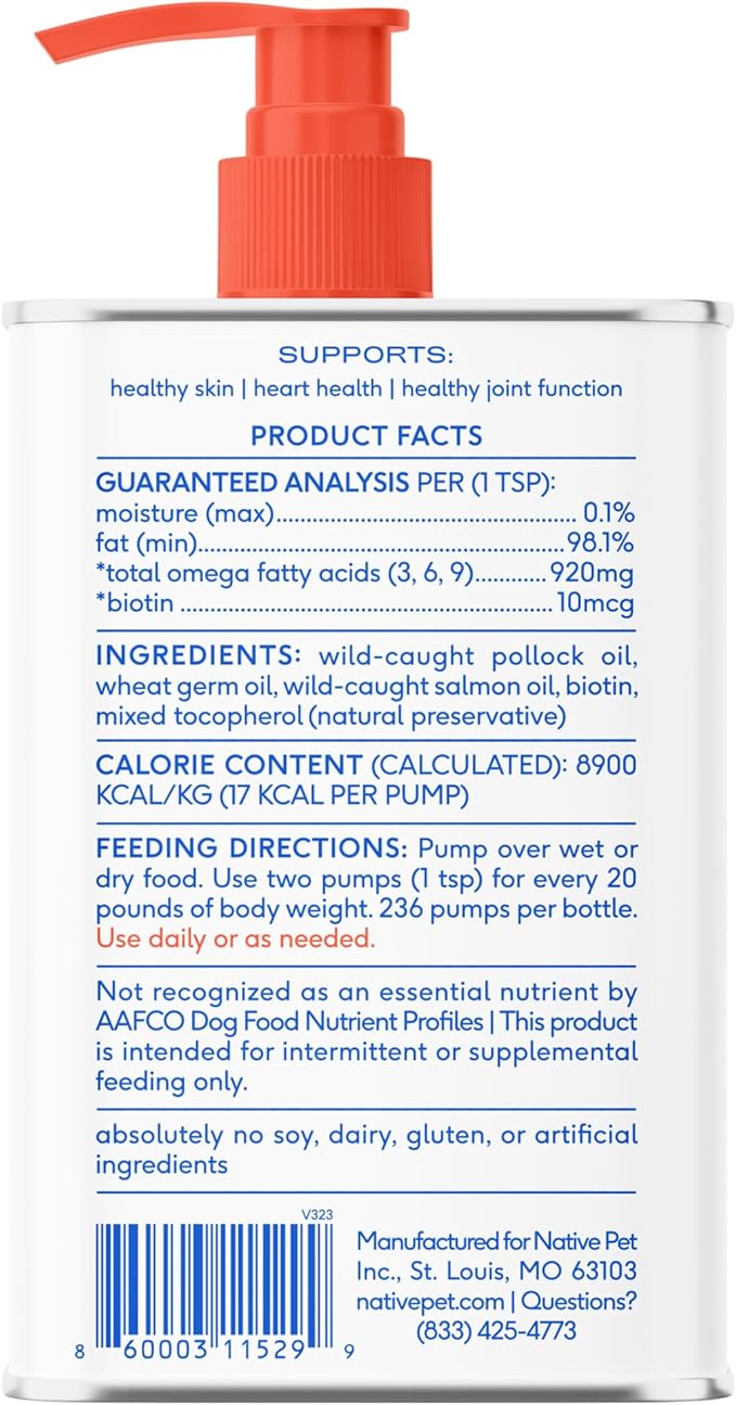 Native Pet Omega 3 Fish Oil for Dogs & Cats - Promotes Healthy Skin, Shiny Coat, & Strong Joints - Made with Wild Alaskan Salmon Oil for Dogs – Tasty, Fast-Absorbing Omega 3 6 9 Liquid Supplement-16oz