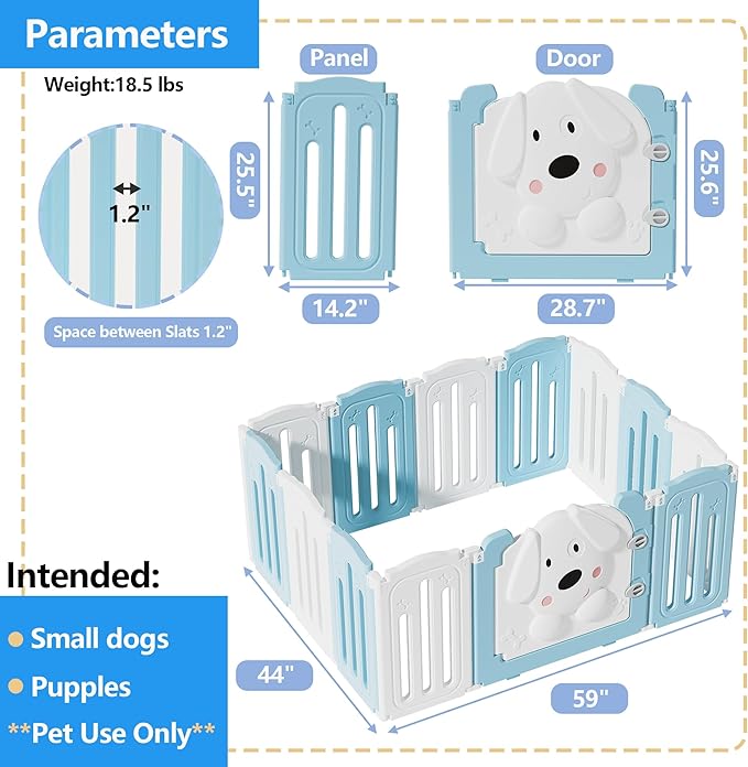 Foldable Dog Play Pen Indoors, Non-Slip Sturdy Puppy Playpen with Door, 25.5" H 12-Panel Adjustable Shape Dog Fence Pen for Small/Medium Dogs, Thickened, Easy to Store, White+Blue