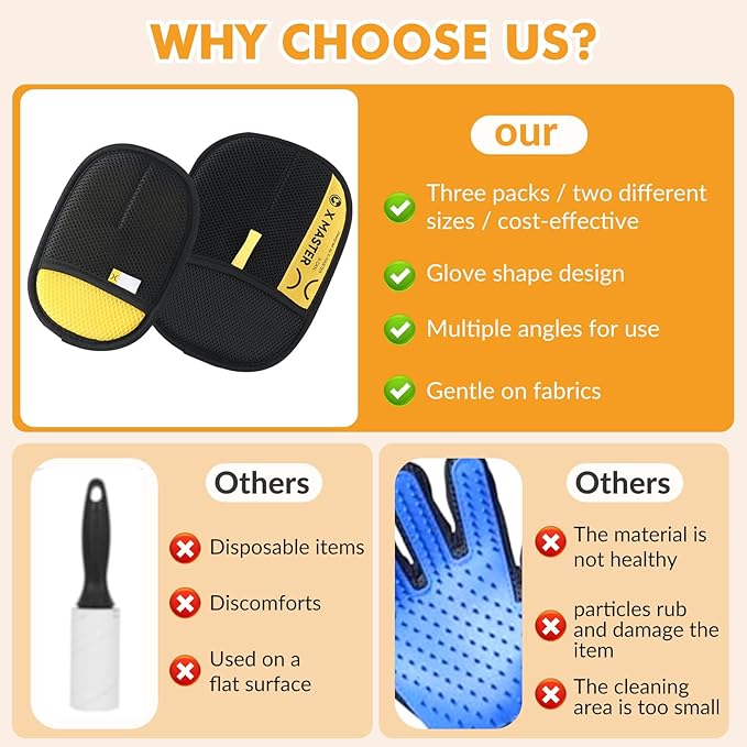 3Pcs Pet Hair Removal Glove for Cats & Dogs, Efficient Grooming Gloves for Pet Hair, Cat Grooming Gloves for Hair Removal, Magic Pet Grooming Glove for Couch, Furniture, Carpet, Curtain (2L1S)