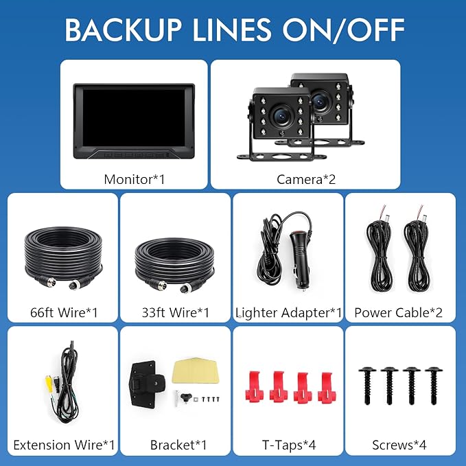 Dual RV Backup Camera Plug and Play, 7'' Backup Camera for Truck Trailer, No Delay, 1080P HD, 2 Channels, 150° Wide Angle, DIY Guide Lines, Night Vision, IP69 Rear View Camera