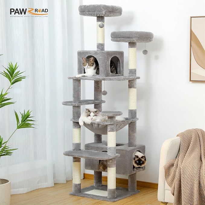 PAWZ Road Large 72 Inch Cat Tree and Tower for Indoor Cats - With Sisal-Covered Scratching Posts, Padded Perches, Condos, and Basket - Gray