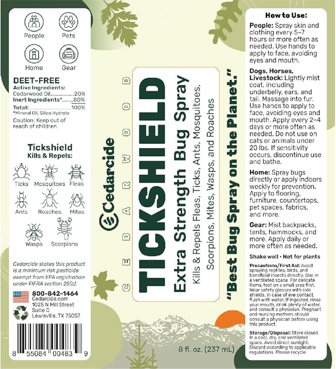 Cedarcide Extra- Strength Tickshield | Deep Woods Cedar Oil Tick & Mosquito Repellent Spray Kills & Repels Ticks, Fleas, Chiggers and Mosquitoes| For People & Pets | Natural Essential Oils | 4 Oz