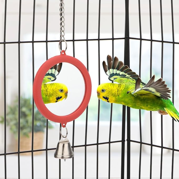 Hypeety Pet Bird Mirror with Bell Interactive Parrot Toy Bird Cage Mirror for Cockatiel Parakeets Canaries Budgie (RED)
