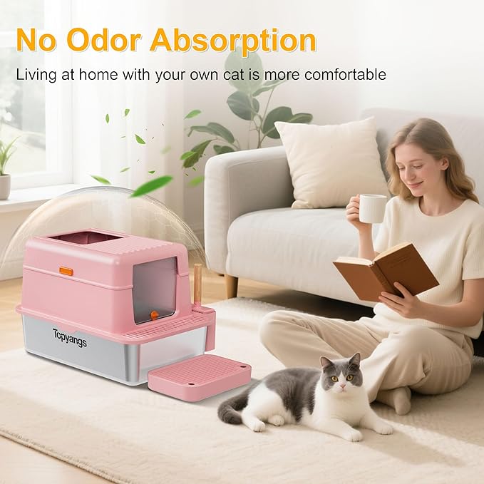 Stainless Steel Litter Box with Lid, 20L Metal Enclosed Litter Box for Big Cat, Flip-Top Design with Anti-Leakage High Sides, Large Cat Lovers Gifts (#2 Pink)