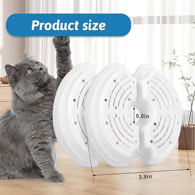 Cat Water Fountain Filters for 84oz/2.5L Stainless Steel Pet Fountain and 67oz/2.0L Plastic Cat Drinking Fountain, 8 Pack Pet Replacement Filters with 8 Pre-Filter Sponges