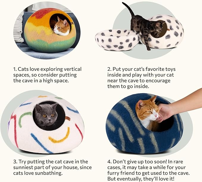 MEOWFIA Cat Cave – Premium Felt Cat Bed for Indoor Cats, Handmade 100% Merino Wool (Medium, Shining Tiger)