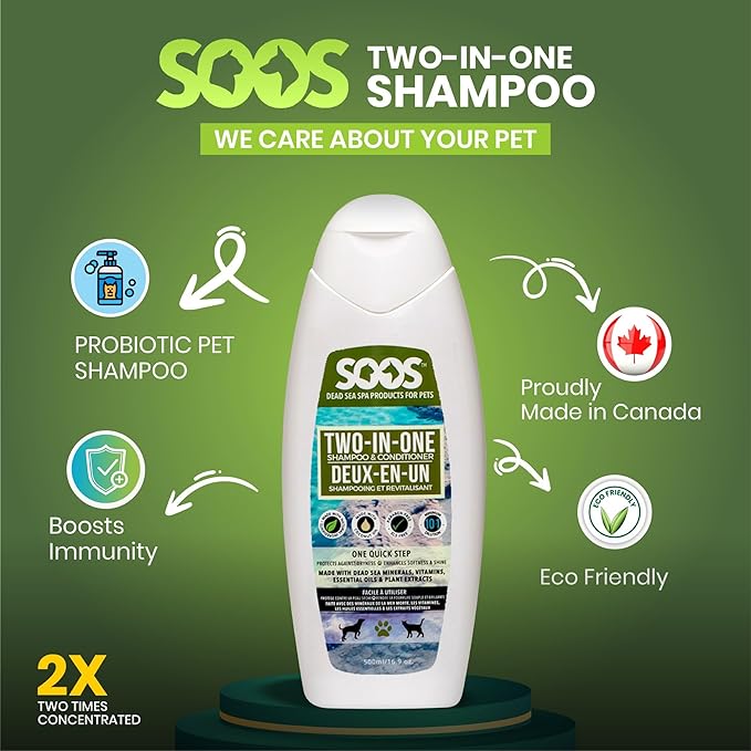 Soos Pet Dog Shampoo and Conditioner for Cats and Pets Natural Dead Sea Minerals Two-in-One Deeply Absorbing with Essential Oils Natural Ingredients Vitamins Antifun-gle - 1x Pack (500ml)