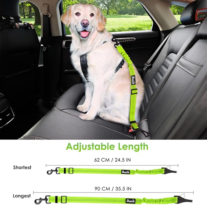 SlowTon Dog Seat Belt, Adjustable Dog Safety Belt Leash, 2 in 1 Latch Bar Attachment Dogs Car Seatbelt with Elastic Nylon Bungee Buffer, Reflective Nylon Belt Tether(VL,35.5in)