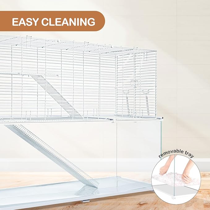 OIIBO 3 Tiers Large Hamster Cages Glass, Heightened Wire Topper with Two Shelf and Two Ladders Ramps, Openable Top, Easy to Clean Removeable Waterproof PVC Tray Medium