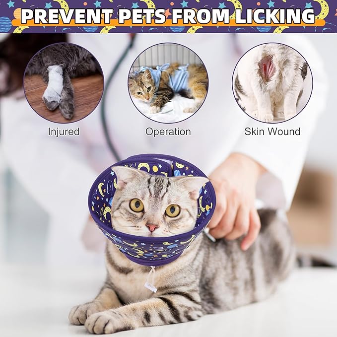 KOOLTAIL Cat Cone Collar, Adjustable Soft Comfortable Cat Recovery Collar to Stop Licking, Foldable Donut Water Resistant Pet Cone for Small Large Cats Kittens After Surgery Star S