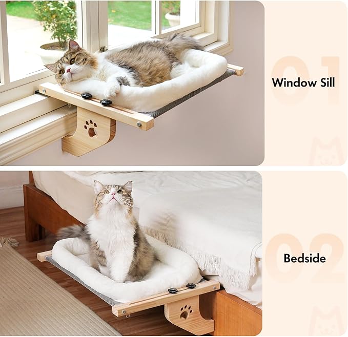 AMOSIJOY Cat Sill Window Perch Sturdy Hammock Window Seat with Cushion Cover, Wood & Metal Frame for Large Cats, Easy to Adjust Cat Bed for Windowsill, Bedside, Drawer and Cabinet (XL)