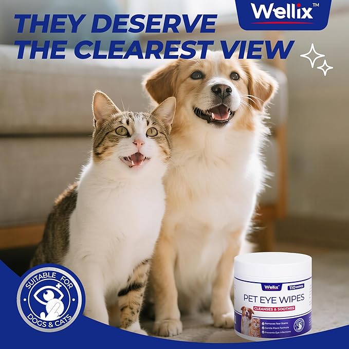 Wellix Dog & Cat Eye Wipes for Discharge and Crust - Pet Eye Wipes Tear Stain Remover for Dogs and Cats - Dog and Cat Grooming Wipes for Eyes and Wrinkle - 110 Counts