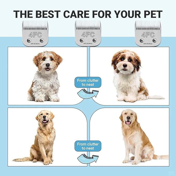 3Pack 4FC Blades for Dog Grooming Blades Compatible with Andis,Oster A5,Wahl km10 Dog Clippers,Detachable Dog Clipper Blade for Dog Cat Horse Animal,Size-#4FC, 3/8-Inch Cut Length (9.5mm)