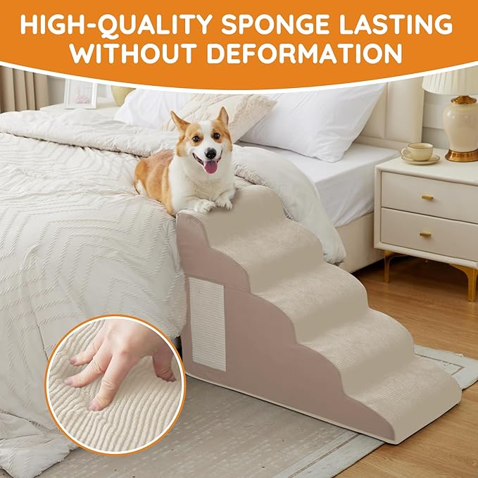 Dogs Steps for Bed, Dog Stairs for Small Dogs, 2-Step Dog Ramp for Bed, Couch, Sofa, and Chairs, Non-Slip Bottom Design, Cat Scratching, High Density Foam Portable Pet Step, Indoor, Beige
