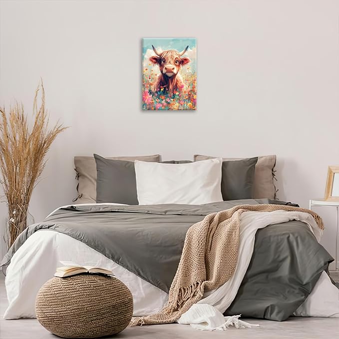 Highland Cow Wall Art Canvas Flower Cattle Wall Decor Prints Framed Painting Animal Pictures Gifts Artwork for Bathroom Living Dining Kitchen 16"x20"
