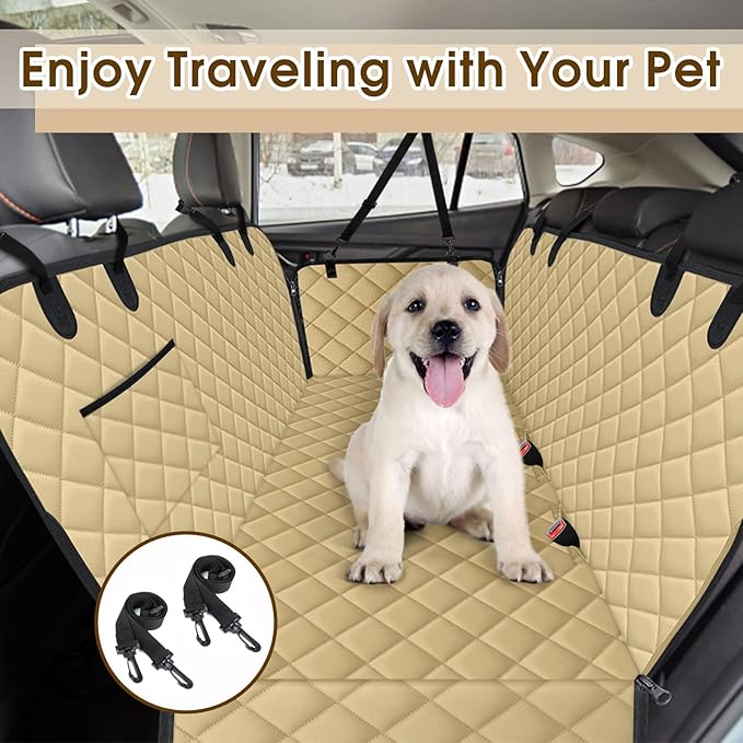 Waterproof Dog Car Seat Cover for Back Seat - Durable, Scratch Proof Pet Hammock with Nonslip Design & Storage Pockets, Fits Cars, SUVs, Trucks - L, Khaki/Black