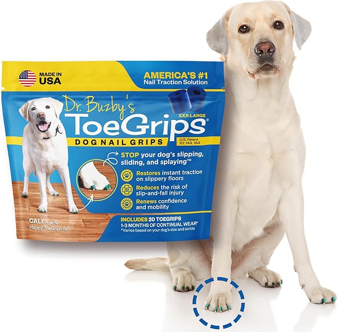 Dr Buzby's XXXLarge ToeGrips for Dogs - Instant Traction on Wood/Hardwood Floors - Anti Slip Relief - Grippers for Senior Dogs - Stop Sliding Instantly - Rubber Nails for Paws - 1 Pack (20 Grips)