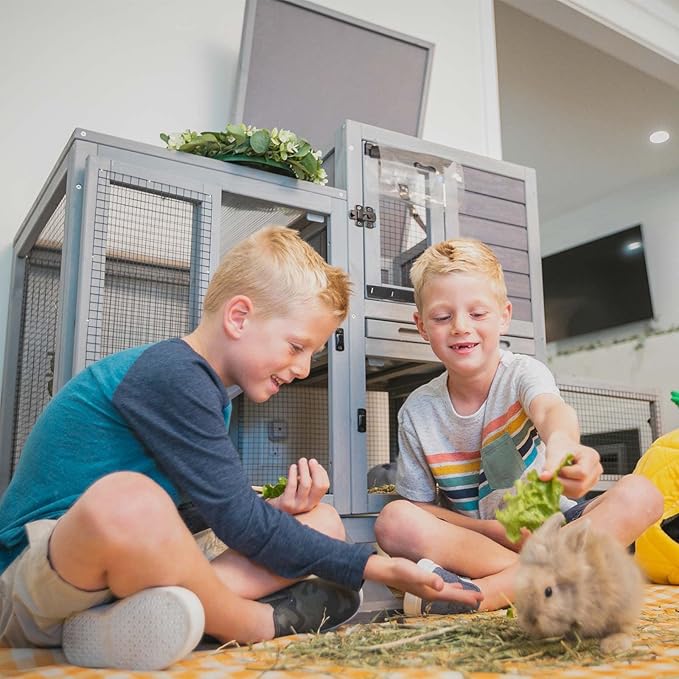 2-Story Rabbit Hutch Indoor Bunny Cage Outdoor Guinea Pig House with Wire Mesh Floor, Leak-Proof Trays, Lockable Wheels for Rabbits, Guinea Pigs, 40.6" L x 26" W x 37.6" H