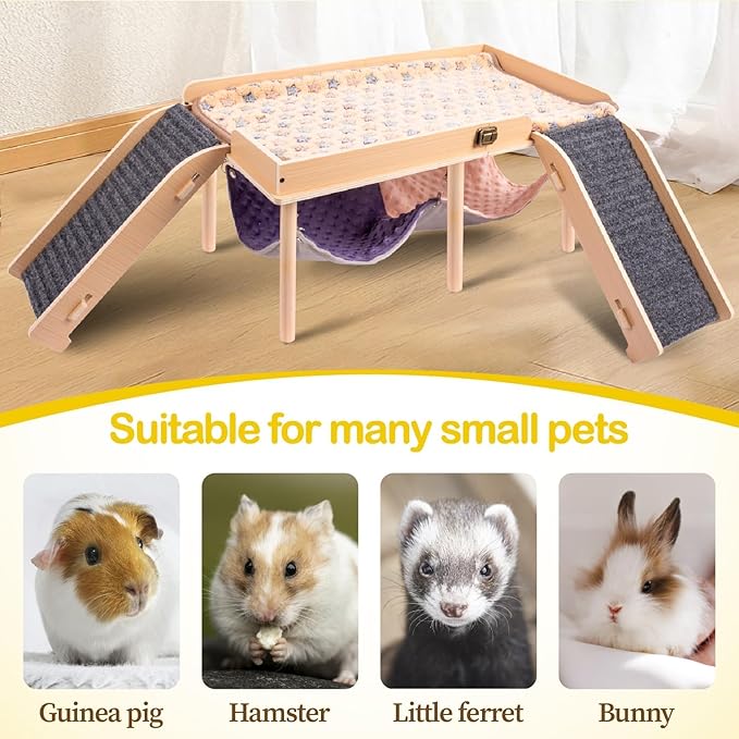 Enlarged Guinea Pig Hammock with Platform and Stairs,Wooden Foldable Piggies Hideout for Guinea Pigs Bunny Ferret Hamster Hiding Sleeping Activities 24L x 12W x 11H in(Double)