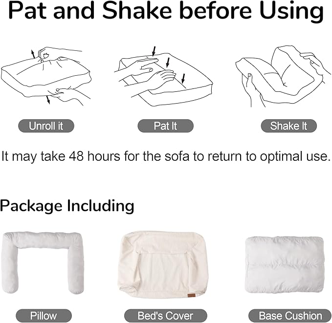 FUKUMARU Dog Couch Bed, Corduroy Cozy Cat Bed for Indoor Cats with Washable Cover, Supportive Waterproof Dog Beds Sofa for Small Dogs and Large Cats Cute, 28inch, Medium, Light Grey