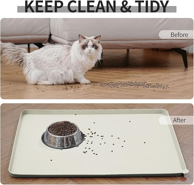 Waterproof Pet Feeding Mat with High Raised Edges, Heavier and Thicker Placemats for Cat Dog Water Bowl with BPA Free, Dogs Cats Food Mats for Messy Drinkers to Prevent Spill and Protect Floors