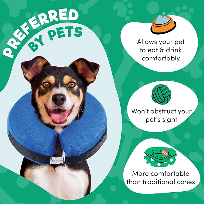BENCMATE Inflatable Dog Cone Collar Alternative, Soft Dog Cone for Small Medium Large Dogs and Cats, Neck Recovery ECollar Donut Collar After Surgery (Large+, Donut-Blue)