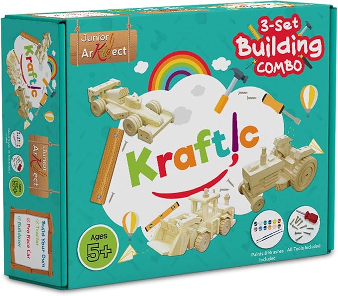 Kraftic Woodworking Building Kit for Kids, with 3 Educational DIY Carpentry Construction Wood Model Kit Toy Projects for Boys and Girls- Tractor, Bulldozer and Racing Car